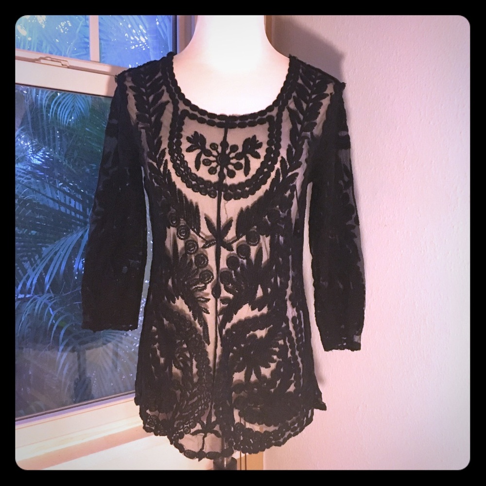 ULTRA PINK Black Embroidered Sheer Lace Blouse Sm